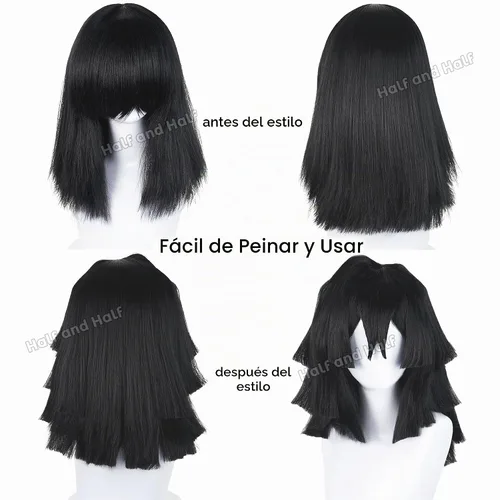Vista 5 de Obanai - Peluca corta para cosplay, pelucas de guerrero anime de demonio Negro Obanai