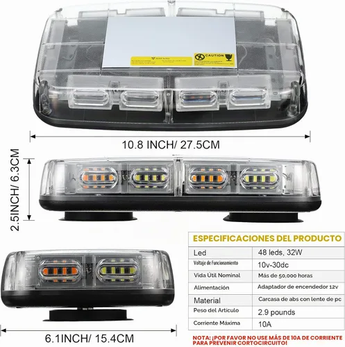 Vista 3 de Leelosp Paquete de 3 mini barras de luz estroboscópica para techo, 48 luces LED estroboscópicas de advertencia de base magnética, luz intermitente