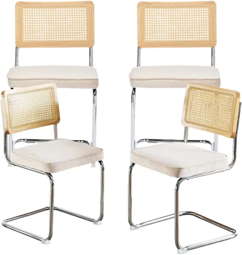 Vista 8 de Juego de 2 sillas de comedor de terciopelo con respaldo de ratán, diseño moderno Breuer con base cromada inoxidable sin brazos tapizada para Beige