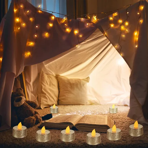 Vista 4 de Mudder 24 Piezas Velas de Té Doradas LED Velas Tealights Sin Llama Votivas Operadas con Batería Velas de Té Eléctricas con Purpurina Tealight