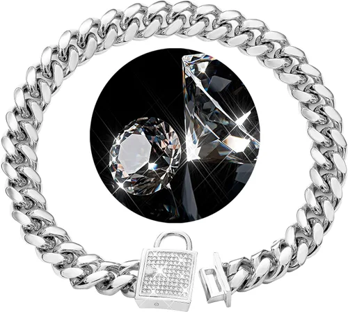 Vista 6 de Collar de cadena para perro con cierre de circonita cúbica de 0.551 in, acero inoxidable, chapado en oro de 18 quilates, cadena cubana