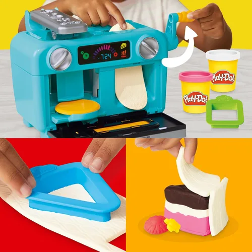 Vista 3 de Play-Doh Super Slice Cake Playset, horno de juguete con accesorios de cocina y 11 latas compuestas de modelado, artes y manualidades para niños, a