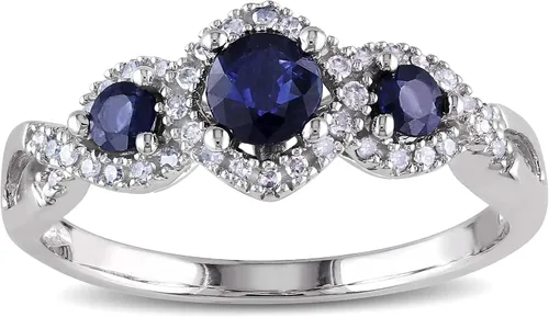 Vista 2 de Anillos de compromiso de oro blanco macizo de 10 quilates con zafiro azul de corte redondo para mujer, con engaste de garra de aniversario y boda