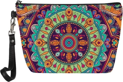 Vista 19 de Howilath Abstract Art Cat Cosmetic Pouch for Women PU Leather Toiletry Storage Bag Trapezoid Makeup Bags with Wrist Strap