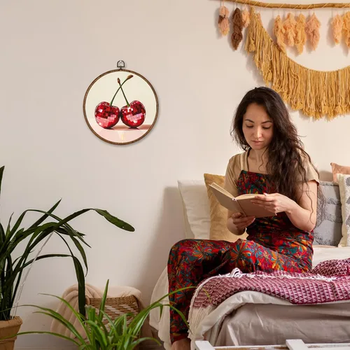 Vista 8 de Voxitura Arte de pared de frutas de cereza disco con marco redondo, decoración de pared preppy lienzo femenino para habitación de cocina, pinturas