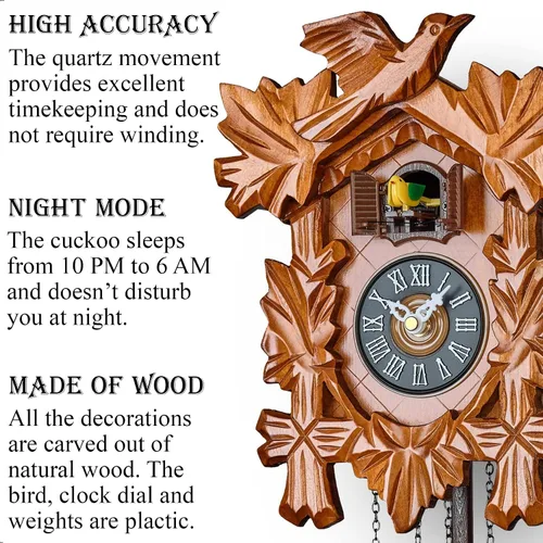 Vista 2 de TIMEGEAR Reloj de cuco pequeño con modo nocturno, pájaro tallado a mano y péndulo oscilante (cereza)