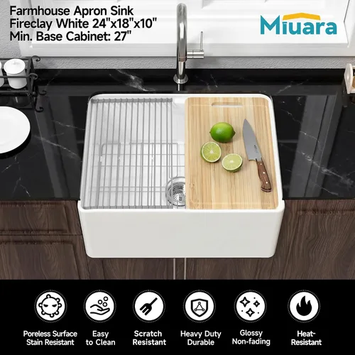 Vista 2 de Miuara Fregadero blanco con estación de trabajo de granja de 24 pulgadas, fregadero de cocina frontal con delantal de arcilla refractaria pequeño