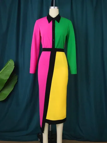 Vista 5 de AOMEI Vestido lápiz de manga larga con botones y cintura alta para mujer
