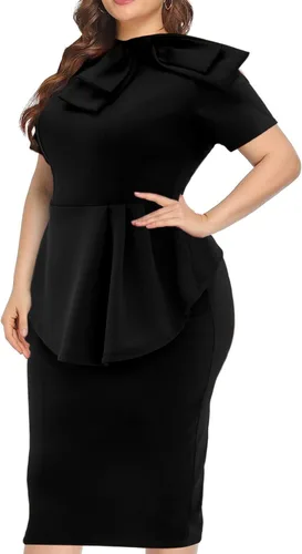 Vista 2 de Vestido de talla grande para mujeres con curvas, semiformal, vestido de cóctel, fiesta, vestido midi bodycon de manga corta con lazo y volantes