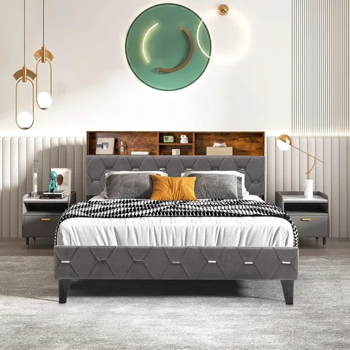 Vista 4 de KOMFOTT Base de cama matrimonial tapizada con cabecera de almacenamiento, base de cama de plataforma con estantes abiertos y espacio