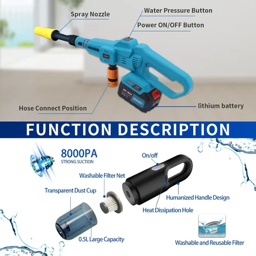 Vista 5 de Lavadora a presión inalámbrica y aspiradora de mano, 350 PSI, aspiradora recargable, potente 12000 PA, kit de limpieza portátil para automóvil