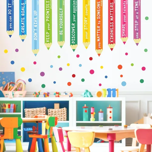 Vista 12 de Colorida calcomanía de pared inspiradora, citas motivacionales, calcomanías de pared con texto positivo para aula, diseño de lunares extraíbles