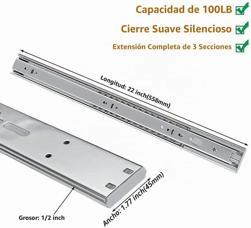 Vista 2 de LONTAN 1 Par de Rieles Deslizantes para Cajón de 22 Pulgadas de Montaje Lateral con Cierre Suave, 3 PLIEGUES de Extensión Completa - 4502S3-22