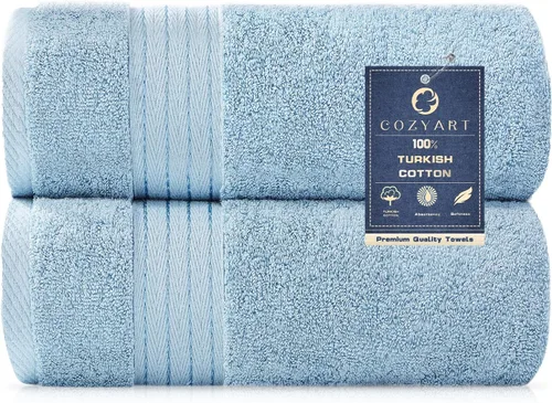 Vista 36 de COZYART - Juego de 6 toallas de baño de algodón turco, color azul claro, suaves, altamente absorbentes y duraderas, 19.17 oz/yd², incluye 2 toallas