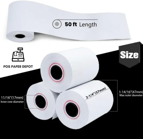 Vista 2 de Rollos de papel térmico de recibo de 2 1/4 pulgadas x 50 pies (50 rollos) – sin BPA, rollos de caja registradora POS se adapta a todos
