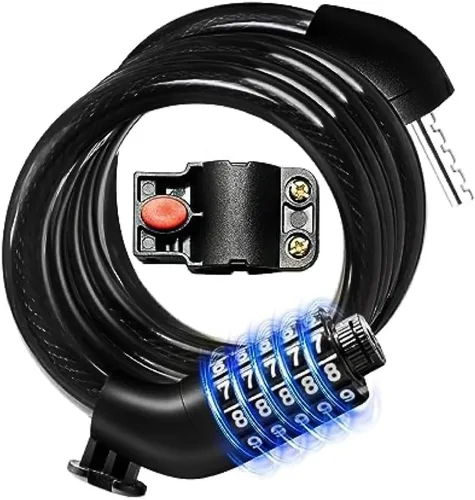 Vista 10 de KEYSTP Cable de bloqueo de bicicleta de 5 dígitos, cerradura de bicicleta de combinación reajustable resistente, antirrobo con soporte de montaje
