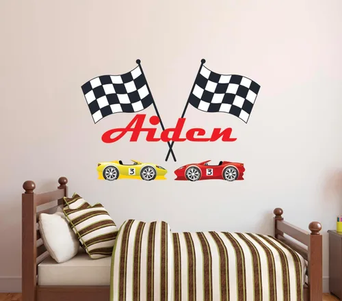 Vista 5 de Calcomanía de pared personalizada con nombre de carreras para dormitorio de niños, banderas y autos personalizados F1 Race Playroom, calcomanías