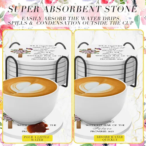 Vista 5 de Umigy Juego de 6 posavasos cristianos para bebidas con versículos de la Biblia, con soporte, inspirador absorbente, bebida de cerámica, regalo