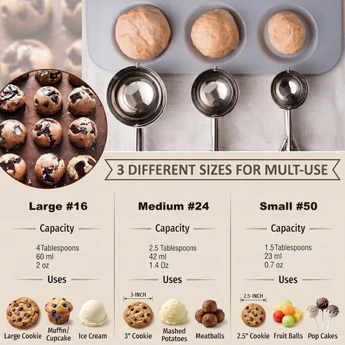 Vista 5 de Cuchara para helado, juego de 3 cucharas para galletas, cuchara de helado de acero inoxidable con liberación de gatillo, cuchara de galletas