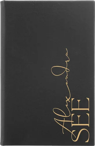 Vista 6 de Diario de cuero sintético grabado personalizado. Bloc de notas con nombre personalizado. Diario grabado (negro y dorado)