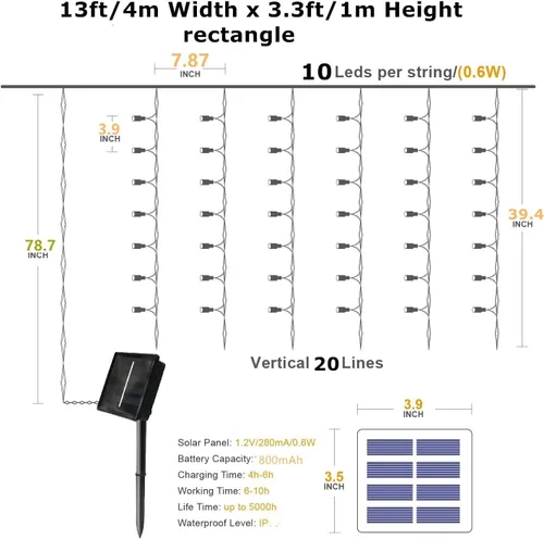 Vista 6 de DBFAIRY Cortina de luces solares, 13 x 3.3 pies, 200 luces LED solares para exteriores, impermeables, cable verde con 8 modos para decoración