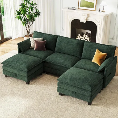 Vista 16 de Sofá modular moderno en forma de L de 106 pulgadas, sofá nube de felpilla con otomana de almacenamiento, sofás de asiento profundo con bolsillo Verde