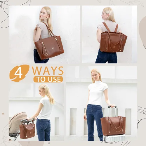 Vista 7 de miss fong Mochila para pañales de bebé, bolsa de pañales de cuero, bolsa de pañales con cambiador, correas para cochecito y 2 bolsillos aislados