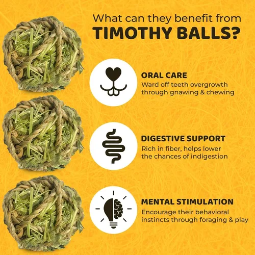 Vista 3 de SunGrow Timothy - Bolas para conejos, juguetes masticables para cuidado bucal y digestión, golosinas de heno de alta fibra para conejitos