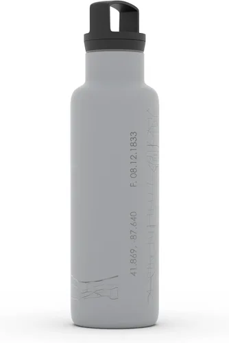 Vista 3 de Well Told Botella de agua aislada con mapa Chicago Illinois, grabado de acero inoxidable (21 onzas, gris muelle) botella aislada de mapa