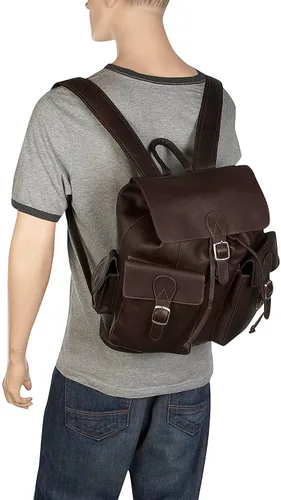 Vista 5 de Piel Leather Mochila grande con solapa de hebilla, Chocolate, talla única , Mochila grande con solapa y hebilla.