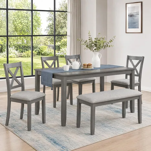 Vista 22 de Juego de mesa de comedor de 6 piezas con banco y 4 sillas Negro Beige-1