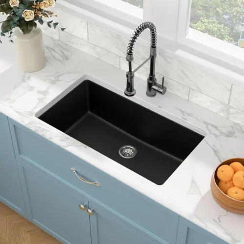 Vista 35 de Sarlai 33 Fregadero de cocina compuesto de granito - 33 x 19 pulgadas Granito negro bajo encimera Fregadero de trabajo de borde negro mate Granito