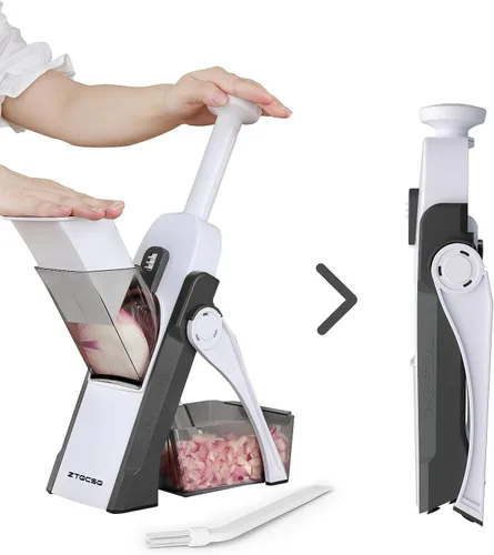 Vista 13 de Cortador de mandolina 5 en 1 seguro para cocina, picador de verduras seguro, cuchillo de pelar, grosor ajustable, fácil de limpiar, rebanador