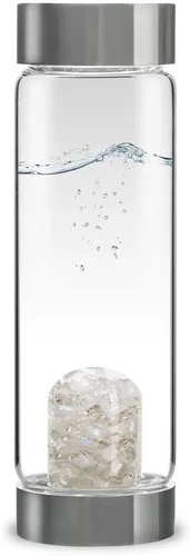 Vista 16 de VitaJuwel ViA AMERICAN DREAM Botella de agua de cristal con oro de 24k · Jaspe rojo · Ópalo blanco · Lapislázuli azul · Cuarzo transparente