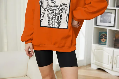 Vista 6 de Meladyan - Sudadera de forro polar con estampado de calavera de Halloween de gran tamaño, cuello redondo, manga larga, hombros caídos