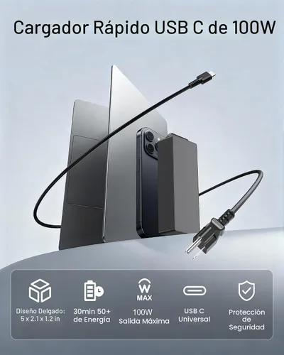 Vista 2 de Cargador universal USB-C para laptop de 100 W compatible con Lenovo, Acer, HP, Dell, MacBook, ASUS, Samsung, Google y más computadoras tipo C