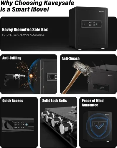 Vista 4 de Kavey Caja de seguridad biométrica de 2.0 cub, caja fuerte de huellas dactilares con teclado retroiluminado de pantalla táctil y sistema de alarma