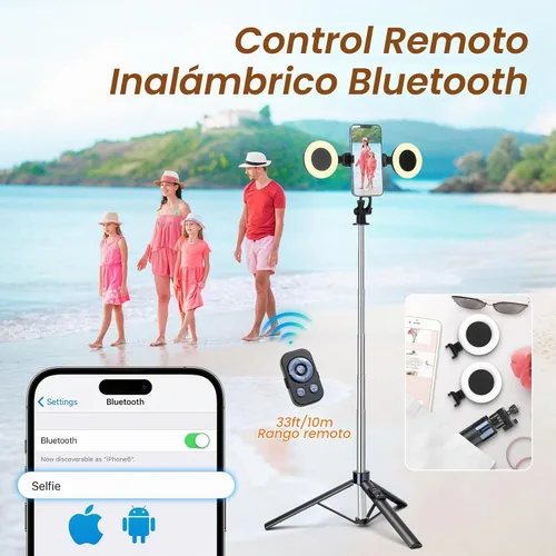 Vista 5 de Trípode de teléfono de 70 pulgadas y palo selfie con luz, soporte de trípode de metal con control remoto inalámbrico, trípode portátil para selfie