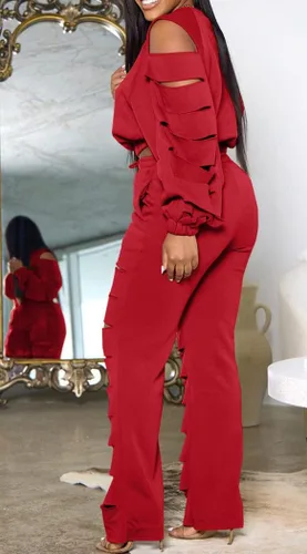 Vista 2 de Choichic Women's Sweatsuits Set 2 Piece Outfits Hollow Out Long Sleeve Crop Top Long Pants Tracksuit Set Pants Set