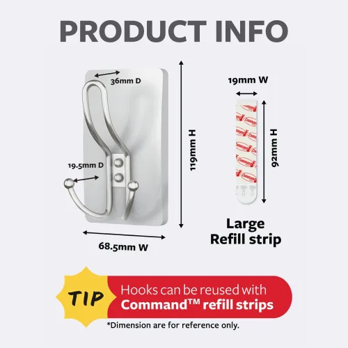 Vista 10 de Command - Gancho triple extragrande de níquel satinado, 1 gancho, 3 tiras, ganchos de pared para colgar sin daños con tiras adhesivas, ganchos