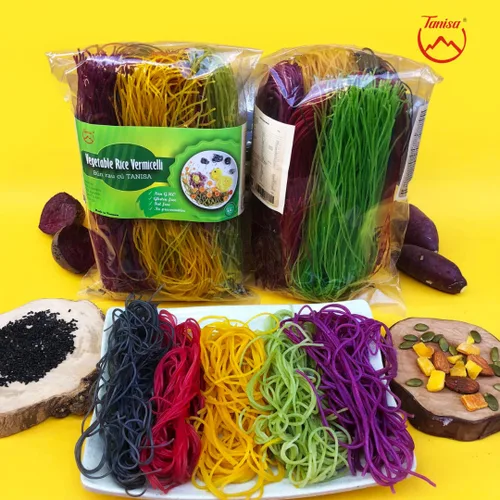 Vista 3 de TANISA 3 paquetes de fideos de arroz Vercimelli vegetales, 5 colores naturalmente vegetales, fideos de arroz finos, fideos sin gluten, sin OMG, sin