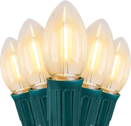 Vista 9 de Luces LED de Navidad vintage C9 para exteriores, cadena de 50 pies con 25 bombillas inastillables, impermeables, conectables, luces de árbol