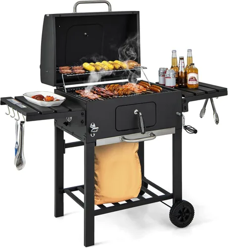 Vista 10 de Happygrill Barrel Charcoal Grill con mesa auxiliar plegable y 2 ruedas