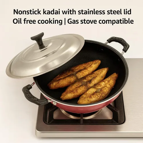 Vista 8 de DBY Kadai antiadherente con tapa de acero inoxidable de 2 litros de sartén profunda antiadherente Kadhai indio para curry, freír y salsa de gas