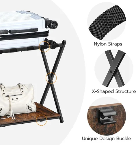 Vista 6 de HOOBRO Portaequipajes plegable, soporte para maleta con estante de almacenamiento de madera, soporta hasta 110 libras, 27.2 x 15.7 x 24 pulgadas