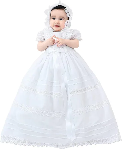 Vista 5 de NIUBAO Bautismo de encaje delicado vestido de bautizo de algodón con sombrero para niñas de 0 a 12 meses