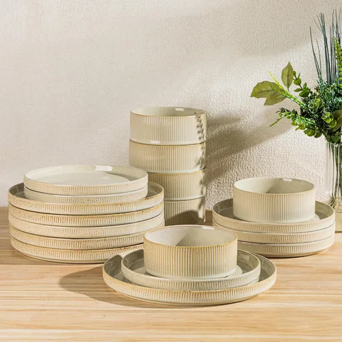 Vista 29 de TheTerra Juego de vajilla de cerámica para 4, juego de 12 platos y cuencos ligeros de porcelana, resistente a los arañazos, apto para horno