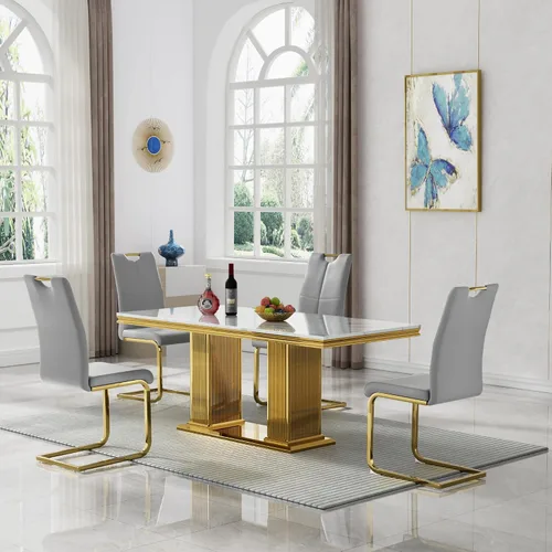 Vista 57 de 5 Piece Black Marble Dining Table Set for 4, Modern Faux Marble Kitchen Dining Room Tables with 4 Leather Chairs Set, 68.11" Luxury Rectangular