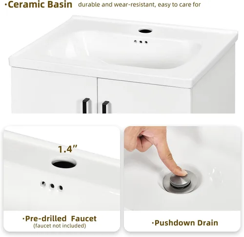 Vista 5 de DWVO Conjunto de tocador de baño de 24 pulgadas con fregadero empotrado, armario de almacenamiento de baño moderno incluido, ganchos para estantes