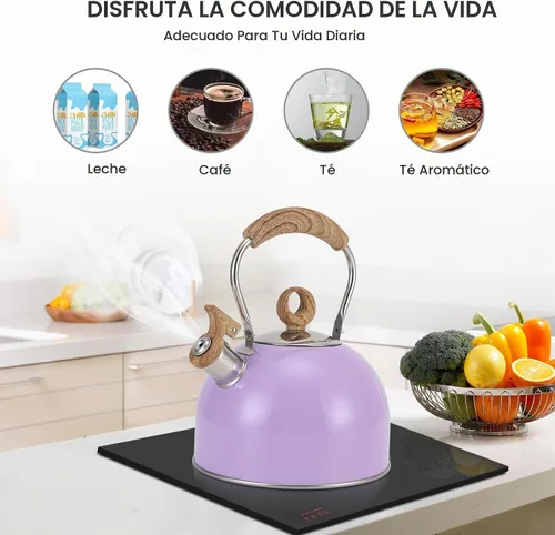 Vista 6 de Hervidor de té silbante de 85 onzas / 2.5 litros, ollas para estufa, acero inoxidable de grado alimenticio con mango plegable con patrón de madera